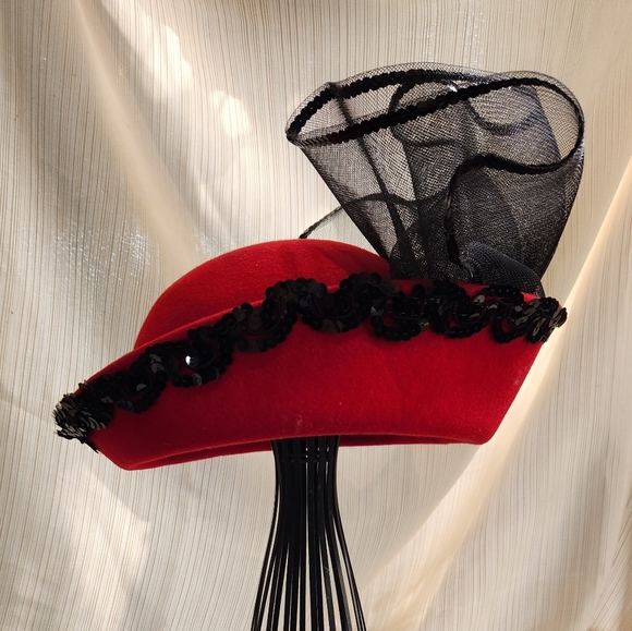 Accessories - Red Felted Wool Hat with Black Sequin Trim and Black Netting